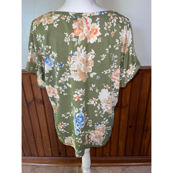 NWT‎ Womens Emily Daniels Green Floral Short Sleeve Tie Front Blouse Size L - Picture 5 of 8